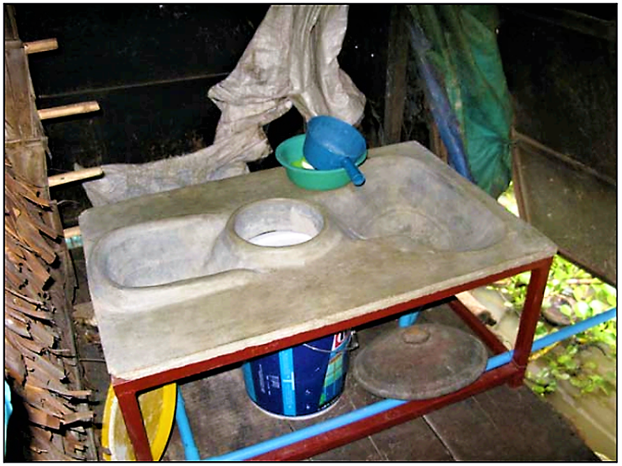 A floating latrine in Cambodia, which is installed above a water body as can be seen in the bottom-right corner of the photo. Faeces are collected separately from the urine and can be reused in agriculture or disposed of properly. Source: BROWN et al. (2010) 