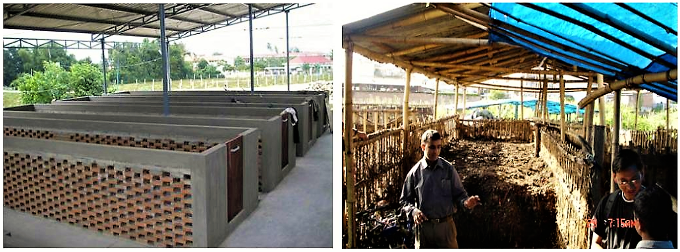 Compost boxes made out of brick (left) and bamboo and wood (right). Source: ENPHO n.y.