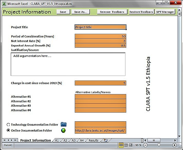 "Project information" sheet of the CLARA SPT for a simple example comparing a water-borne and a dry sanitation system for 10'000 people. Source: LANGERGRABER (2014)