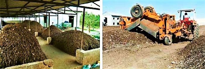 Windrows which have been turned manually (left) and mechanical windrow turning (right). Source. ROUSE et al. (2008)