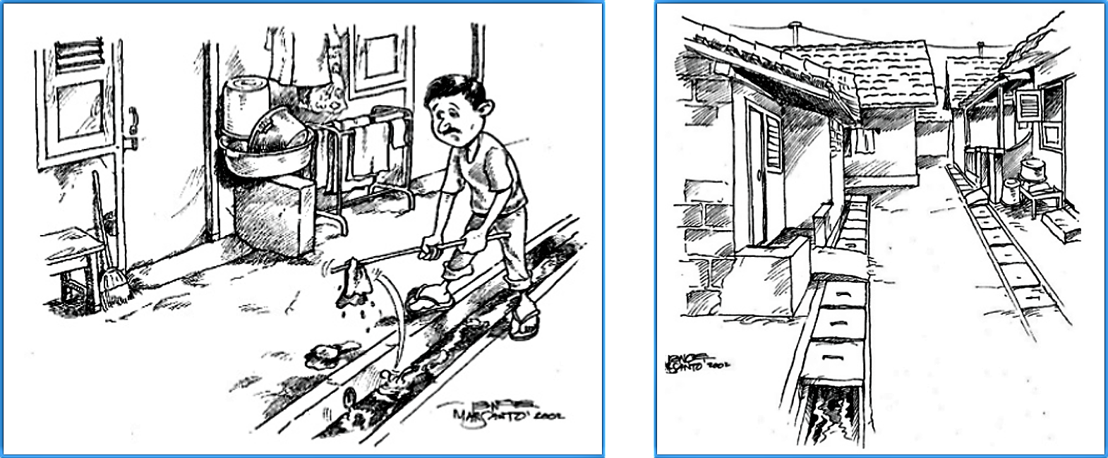 Cleaning out open drains is difficult to organise but utterly necessary. Blockages can cause spill-over and cause flooding. A solution could be to cover it with concrete slabs. Source: SANIMAS (2005)