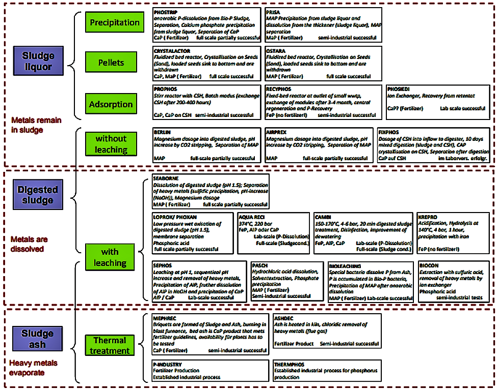 Comparison of processes for the recovery of phosphorus from wastewater, sludge, sludge liquor and sludge ash. Source: SARTORIUS et al. (2011)