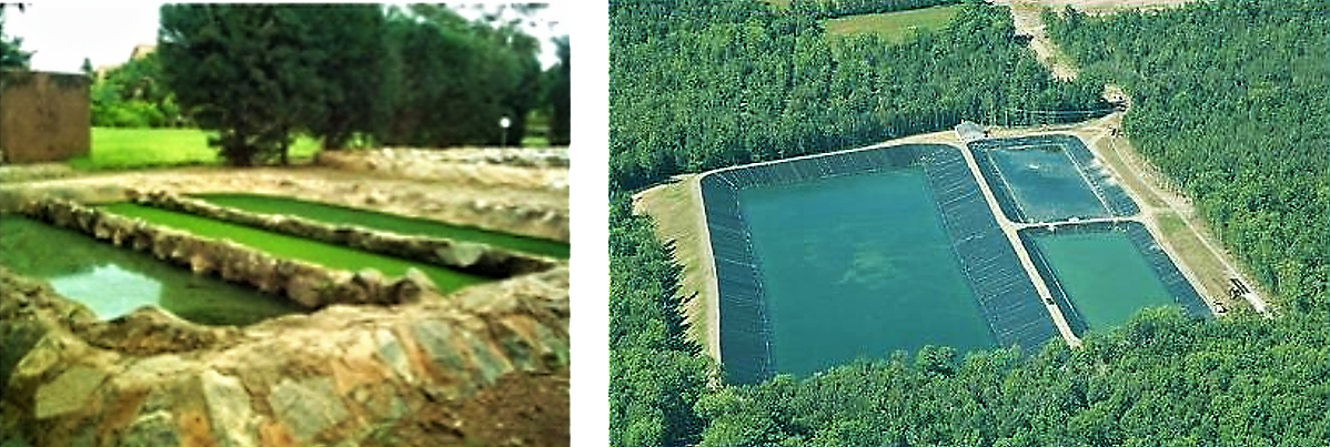 Mini waste stabilisation ponds consisting of an anaerobic (right), facultative (middle) and aerobic pond (left) at the CREPA headquarter, in Ouagadougou, Burkina Faso and a large-scale waste stabilisation pond system in Maine (USA). Source: SPUHLER (2006, left image)  and EMERY (2003, right image) 