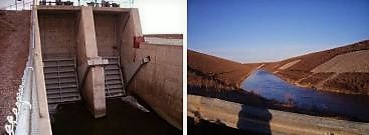 In the Canadian prairies, water is abstracted from streams (left: weir in the Bow River) and distributed by a large canal system  (Carseland, AB). It also contributes to flood control