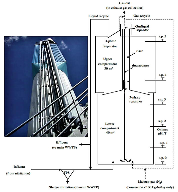 The full (70m3) scale Anammox reactor in Rotterdam designed to treat 500 kg-N/d. The photograph shows the upper compartment (dark grey), as well as the lower compartment (light grey). The schematic picture shows the internal gas lift, gas recycle, six sample points (s.p.), as well as the tilted plate settler (TPS) before the Anammox reactor. Source: VAN DER STAR (2007) 