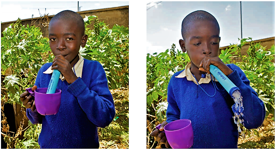 The LifeStraw® is placed in water and the user sips the purified water through the mouthpiece. Regularly blow air through LifeStraw® after drinking to keep the filters clean and to prevent them from clogging. Source: VESTERGAARD FRANDSEN (2011)