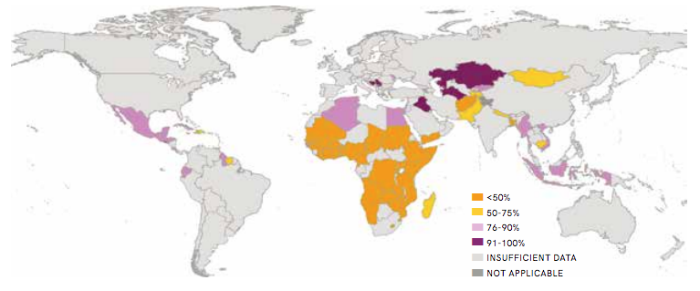 Proportion of population with handwashing facilities including soap and water at home in 2015 (UNICEF & WHO 2017)